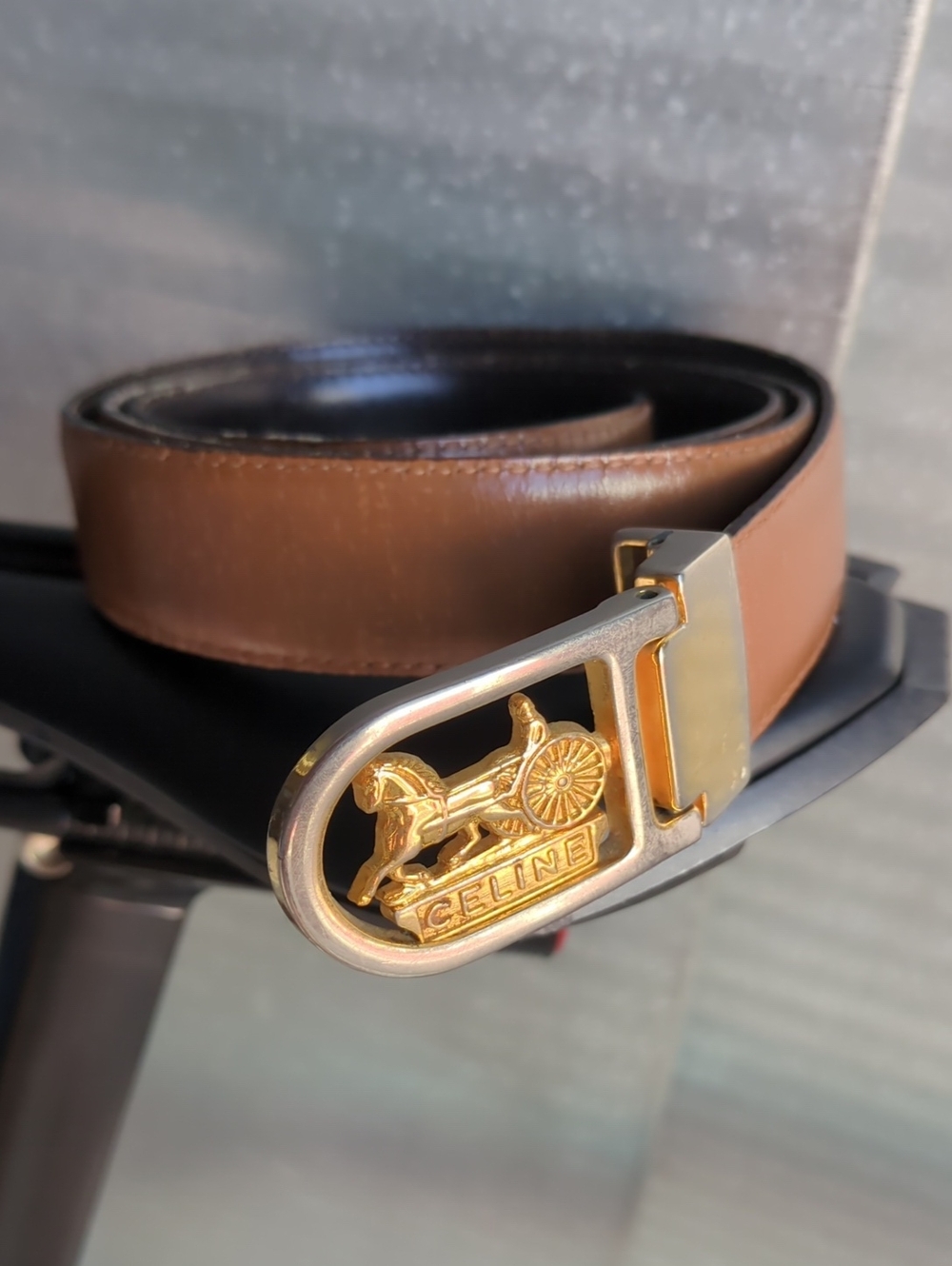 Celine Tan Leather Belt with Gold Horse Carriage Buckle